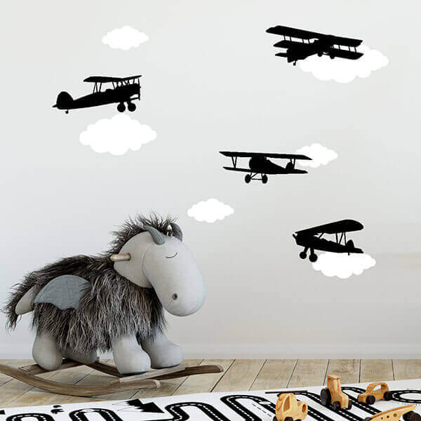 Väggdekor Flygplan & moln - svart - Dekortorget
