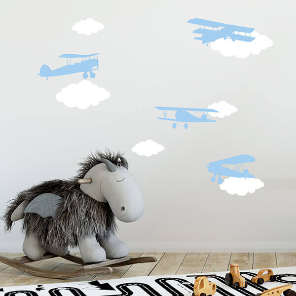 Väggdekor Flygplan & moln - ljusblå