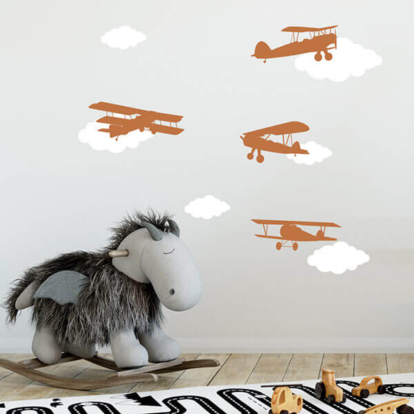 Väggdekor Flygplan & moln - nötbrun - Dekortorget