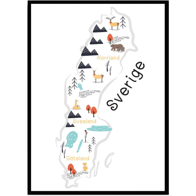 Poster Sverigekarta med djur - Dekortorget