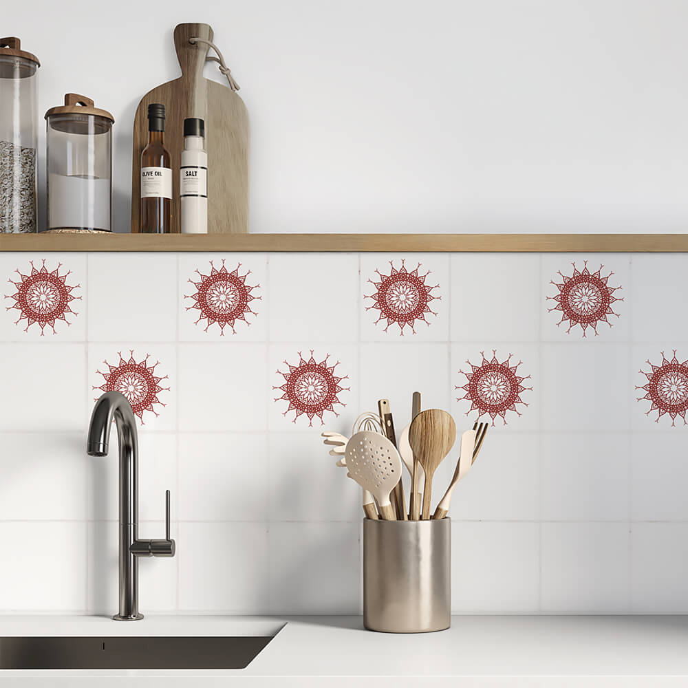 Kakeldekor mönstrad cirkel röd - Dekortorget