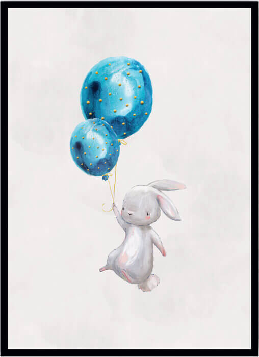 Poster Rabbit & blue balloons