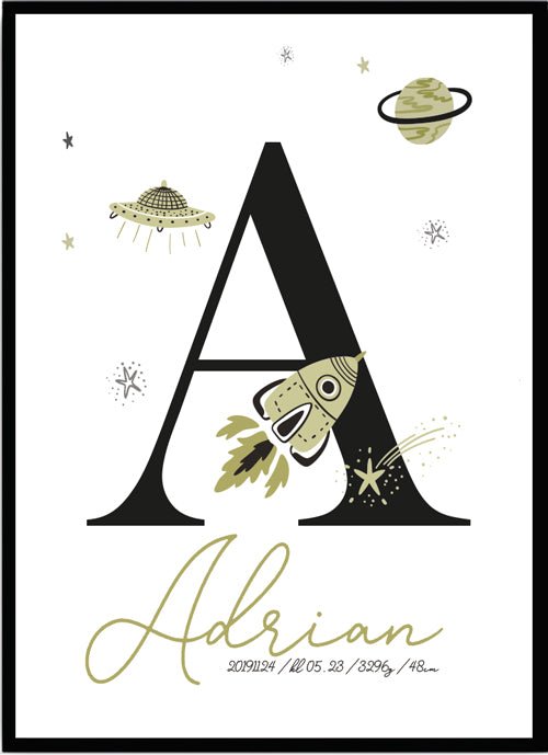 Namntavla Rymdraket grön med bokstav - Dekortorget