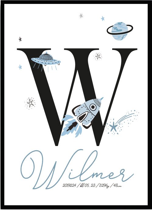 Namntavla Rymdraket blå med bokstav - Dekortorget