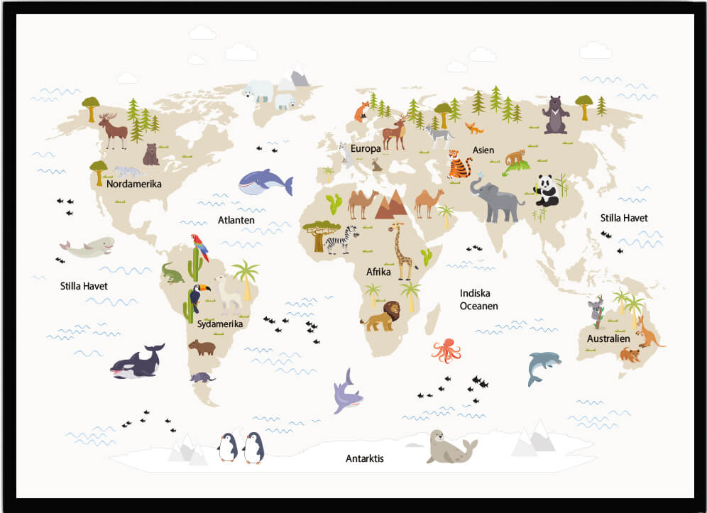 Poster Världskarta med djur natur - Dekortorget