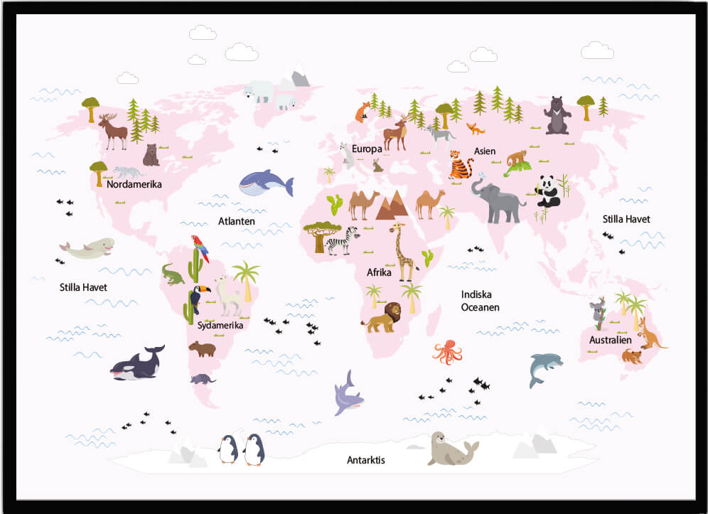 Poster Världskarta med djur rosa - Dekortorget