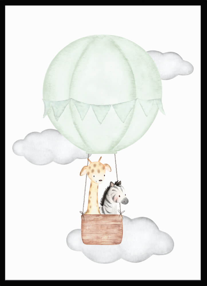 Poster Luftballong med djur grön - Dekortorget
