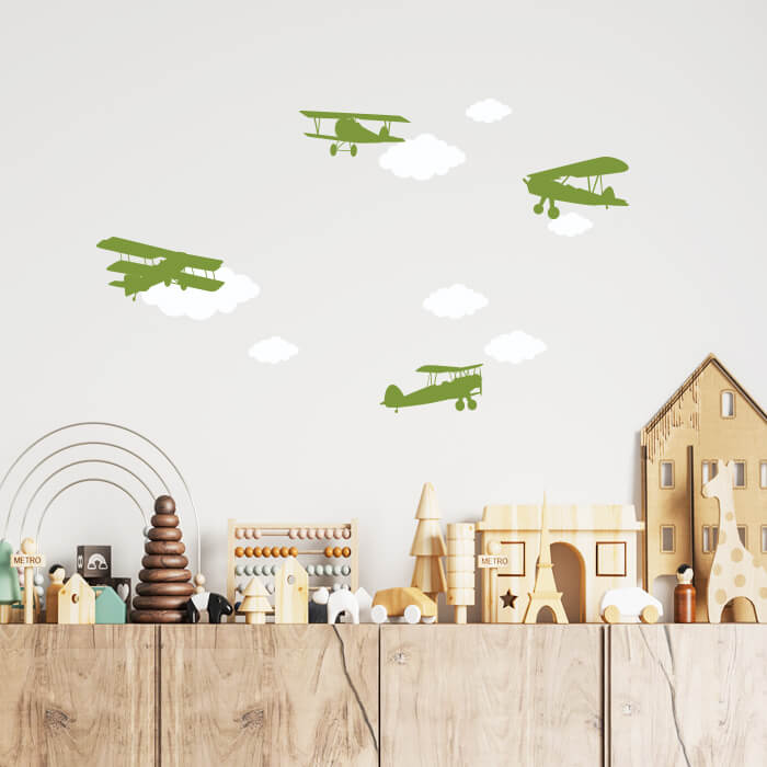 Väggdekor Flygplan & moln - olivgrön - Dekortorget