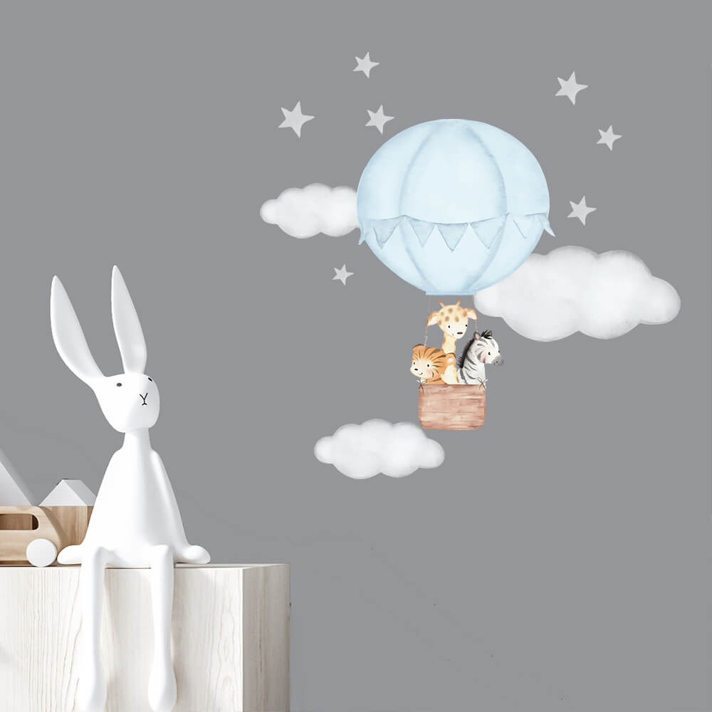 Väggdekor Luftballong & djur blå - Dekortorget
