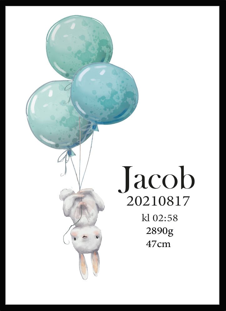 Namntavla Kanin med ballonger turkos - Dekortorget