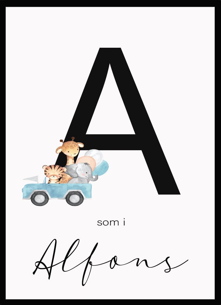 Namntavla Djur i bil blå med bokstav - Dekortorget