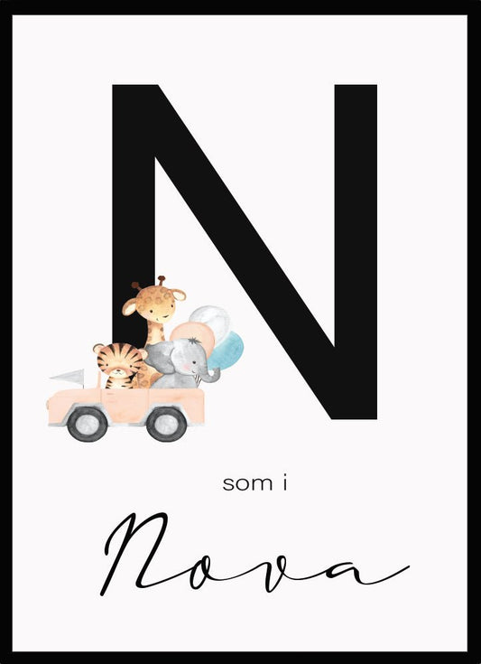 Namntavla Djur i bil med bokstav rosa - Dekortorget