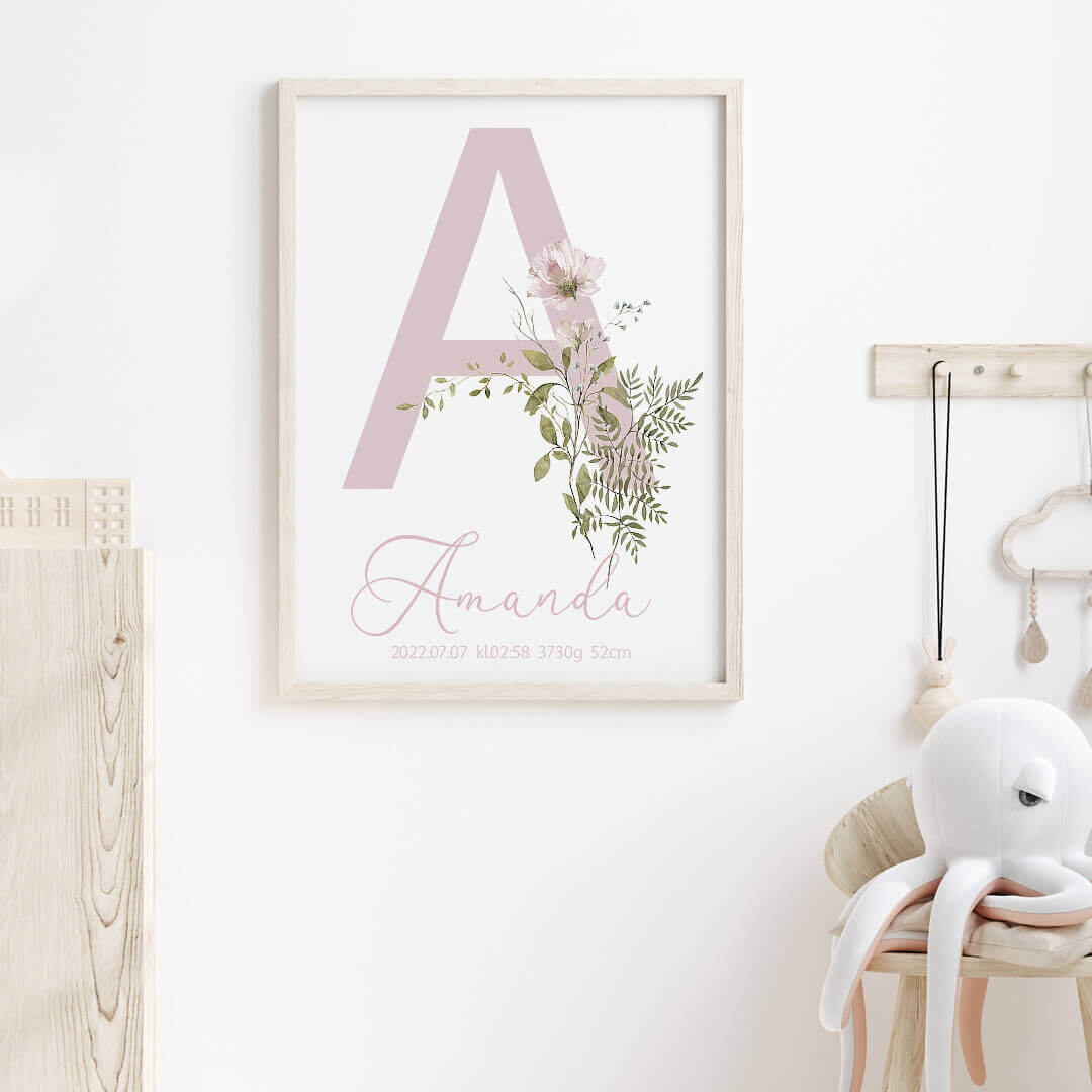Namntavla Bokstav med blommor rosa - Dekortorget