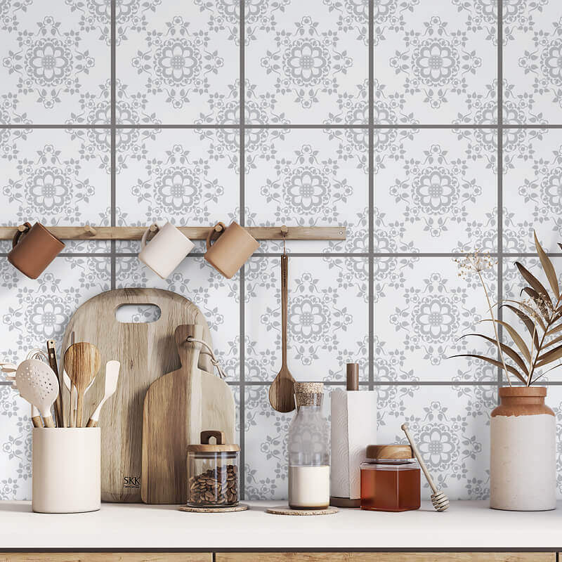 Kakeldekor viktoriansk blommor grå 2 - Dekortorget