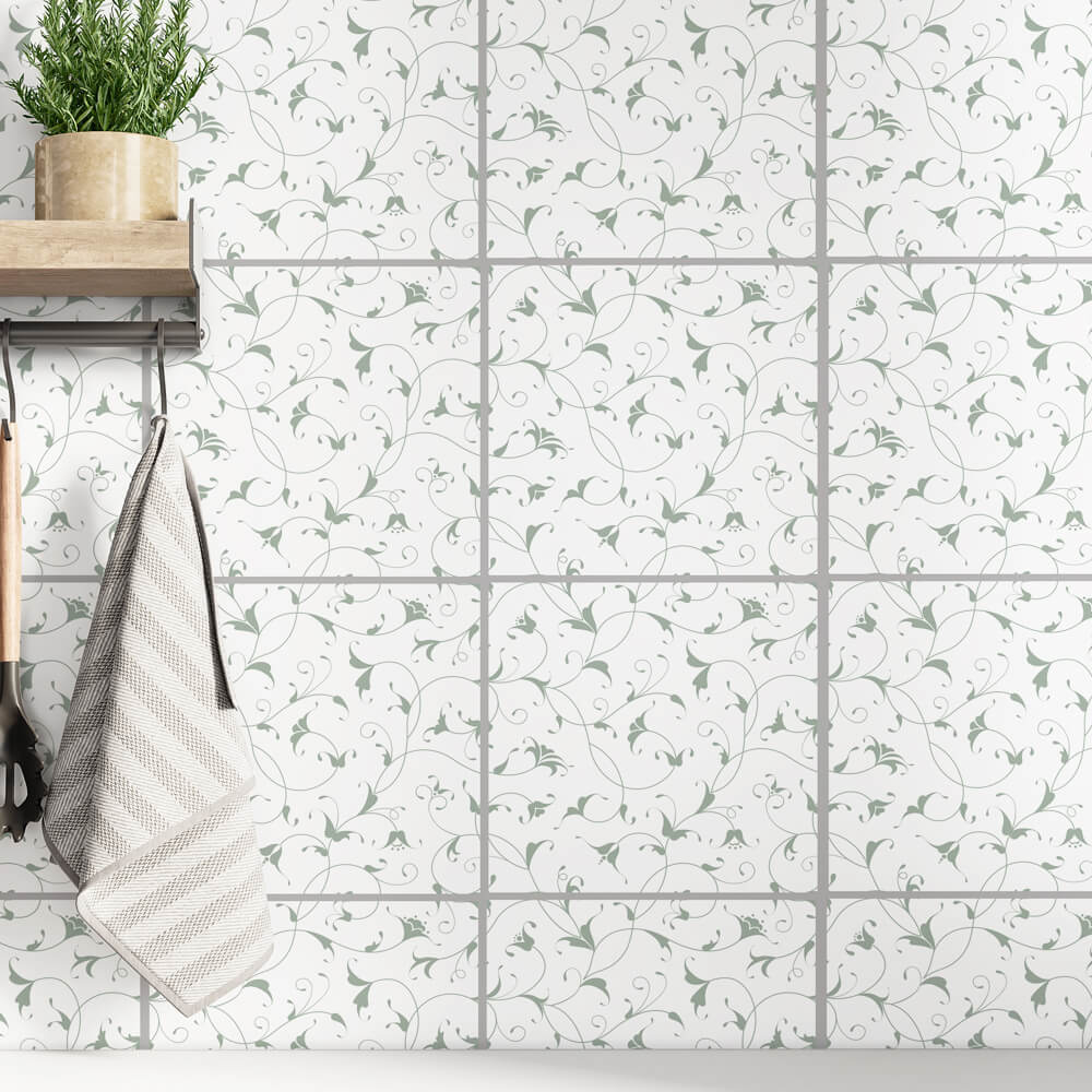 Kakeldekor små blommig salviagrön - Dekortorget