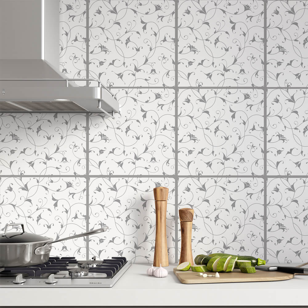 Kakeldekor små blommig grå - Dekortorget