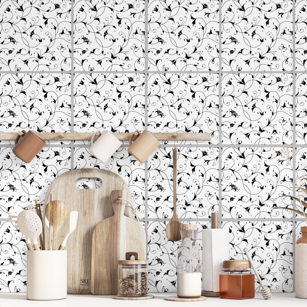 Kakeldekor små blommig svart - Dekortorget