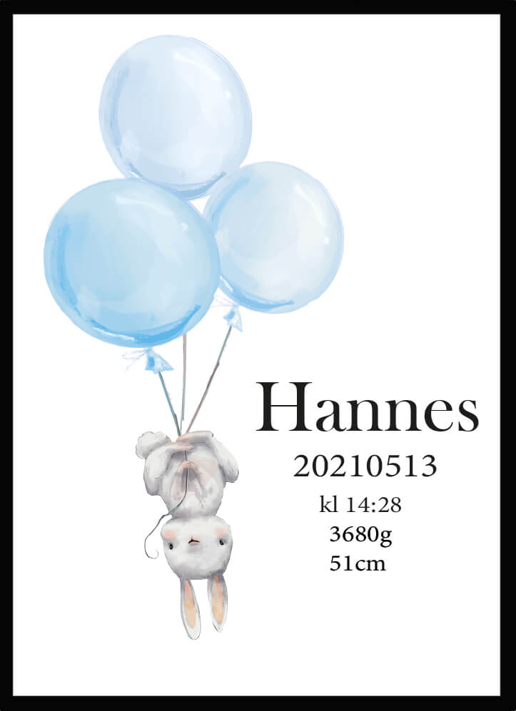 Namntavla Kanin med ballonger blå