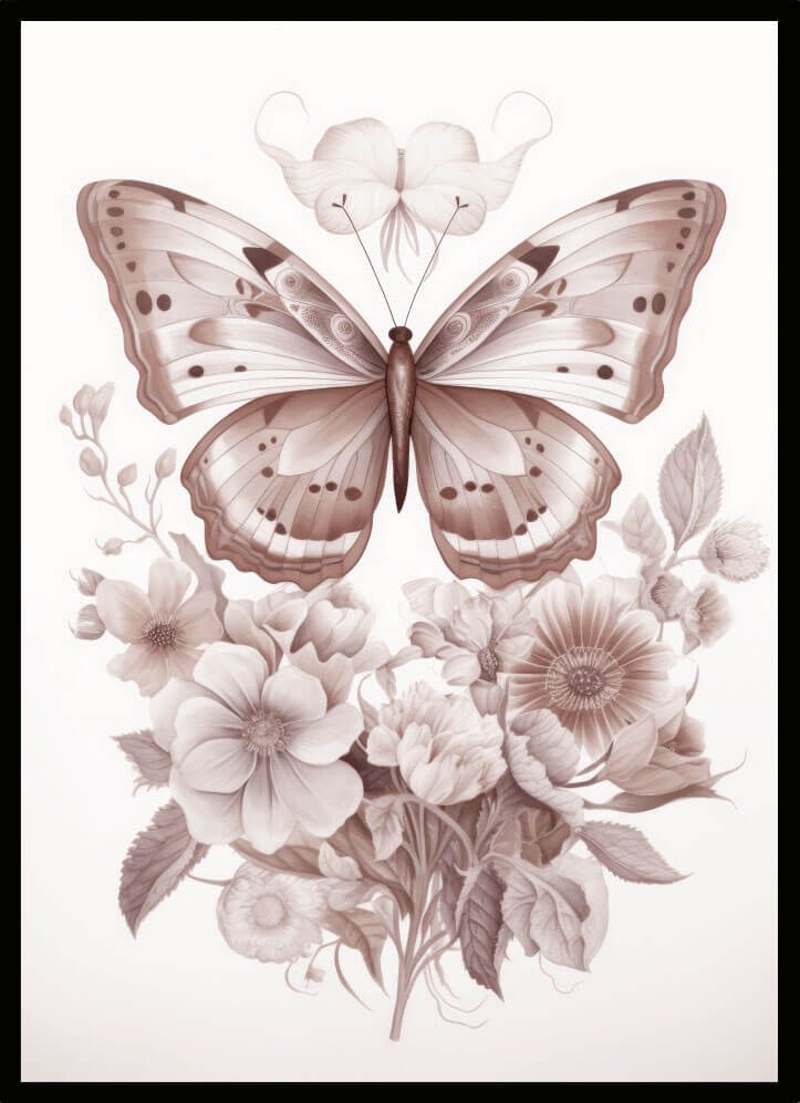 Poster fjäril & blommor rosa