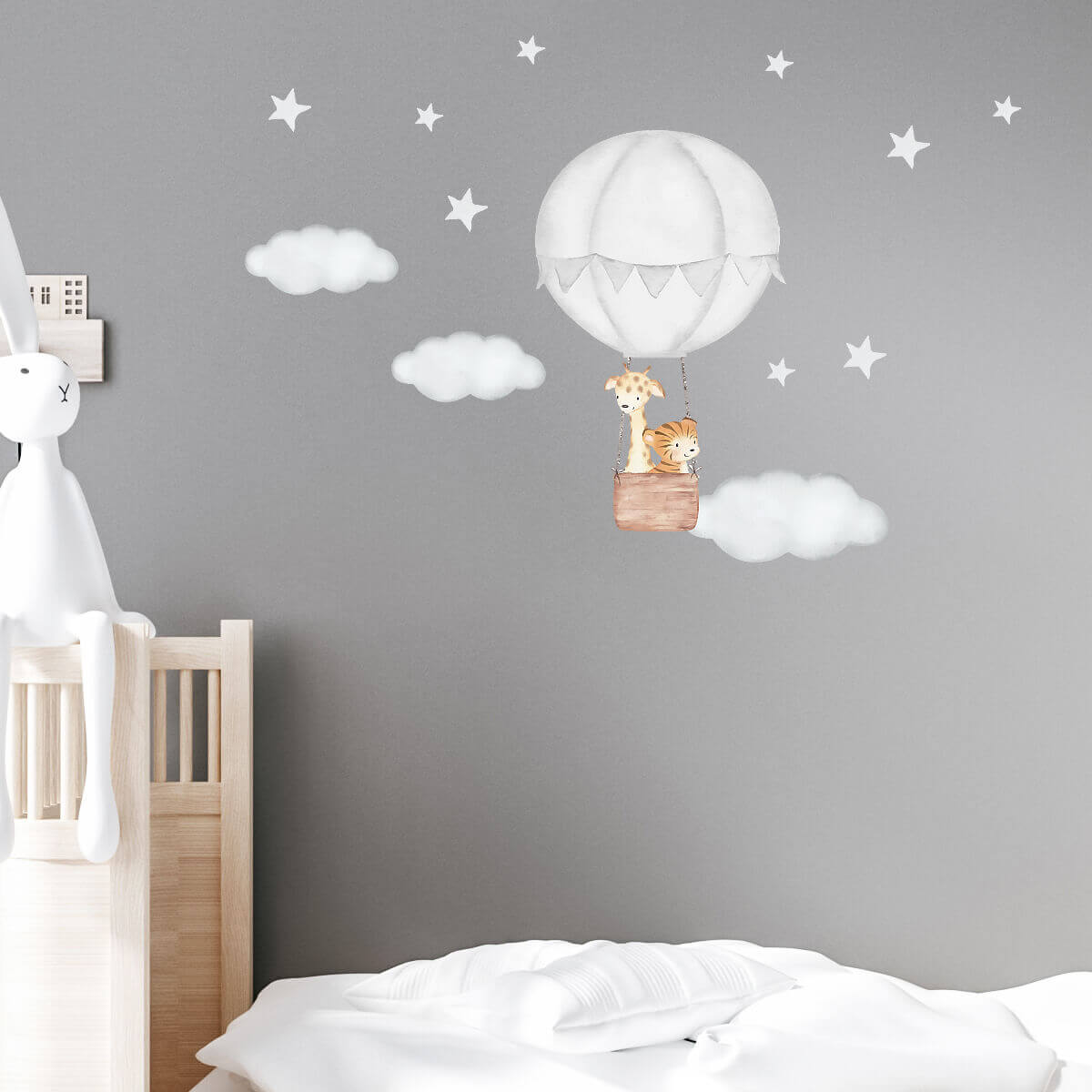 Väggdekor Luftballong & djur grå - Dekortorget