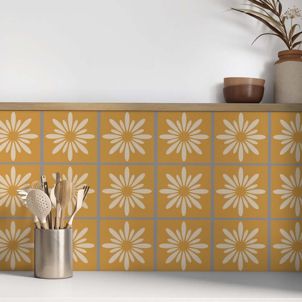 Kakeldekor retroblomma gul - Dekortorget