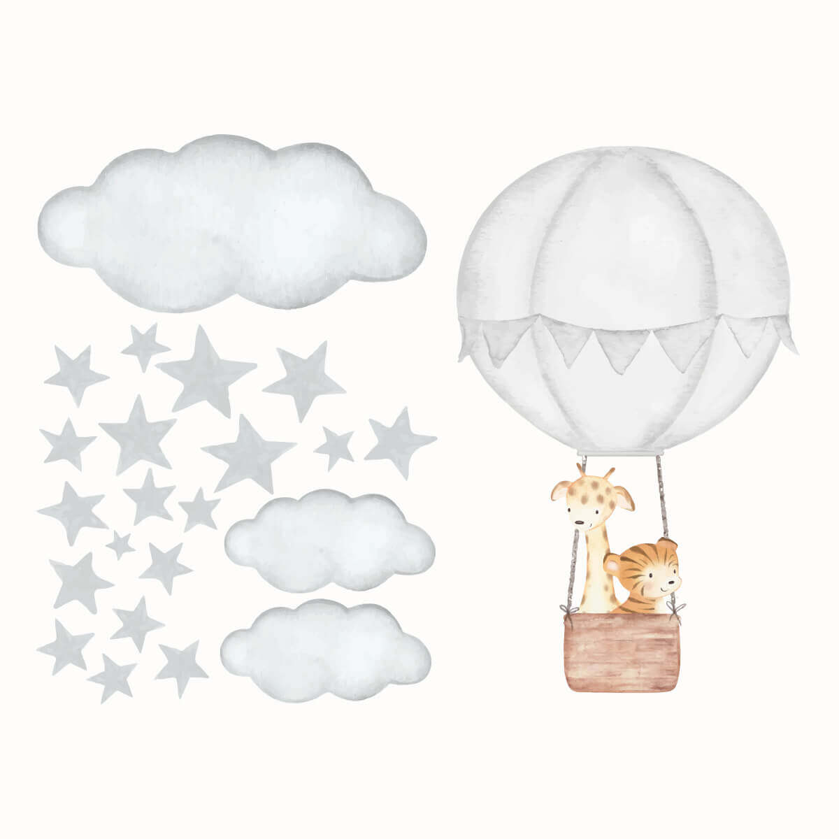 Väggdekor Luftballong & djur grå - Dekortorget
