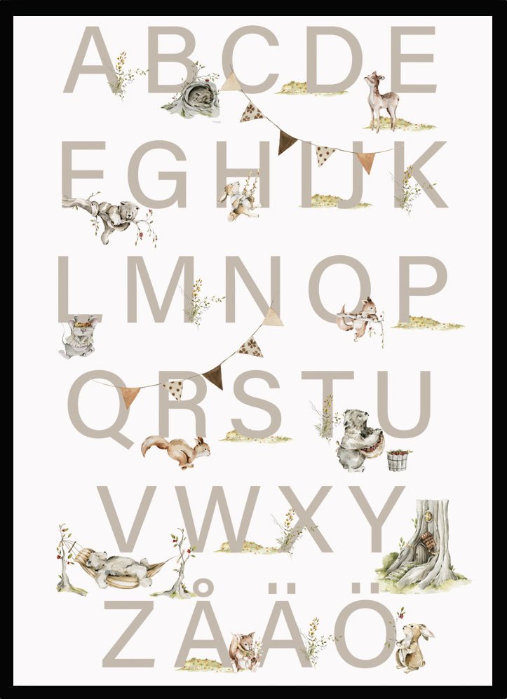 Poster Alfabet med djur beige - Dekortorget