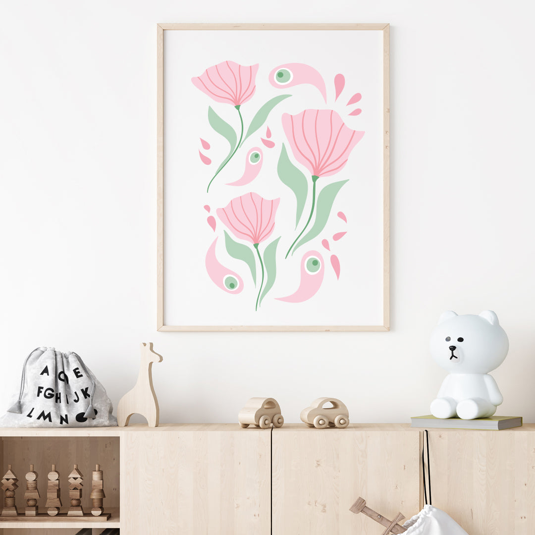 Poster retroblommor rosa