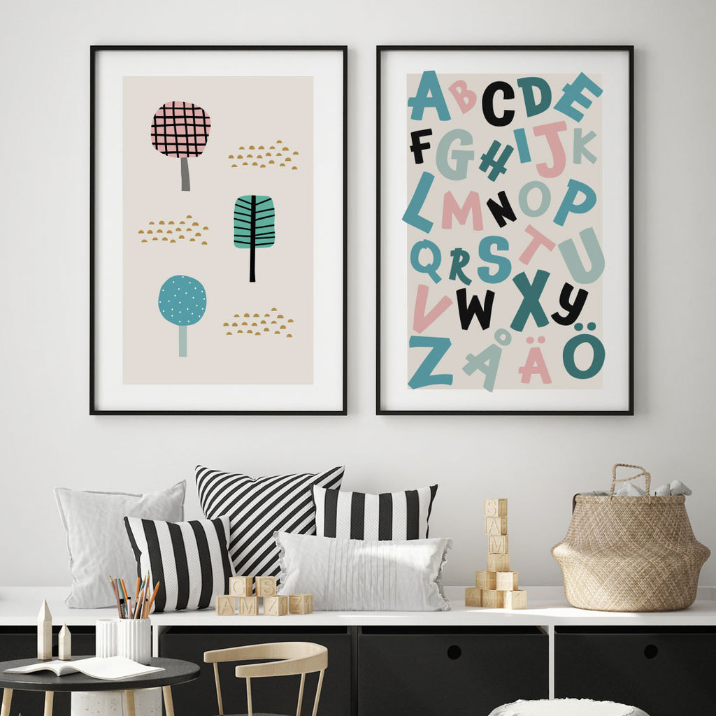 Poster med alfabet rosa & turkost