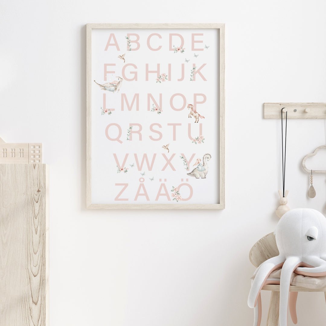 Poster Alfabet med djur rosa - Dekortorget