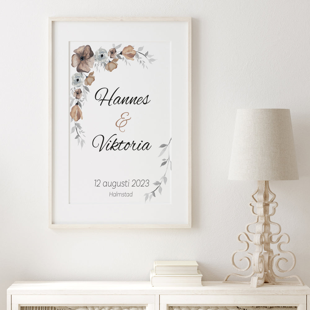 Bröllopstavla Blommor beige/grå