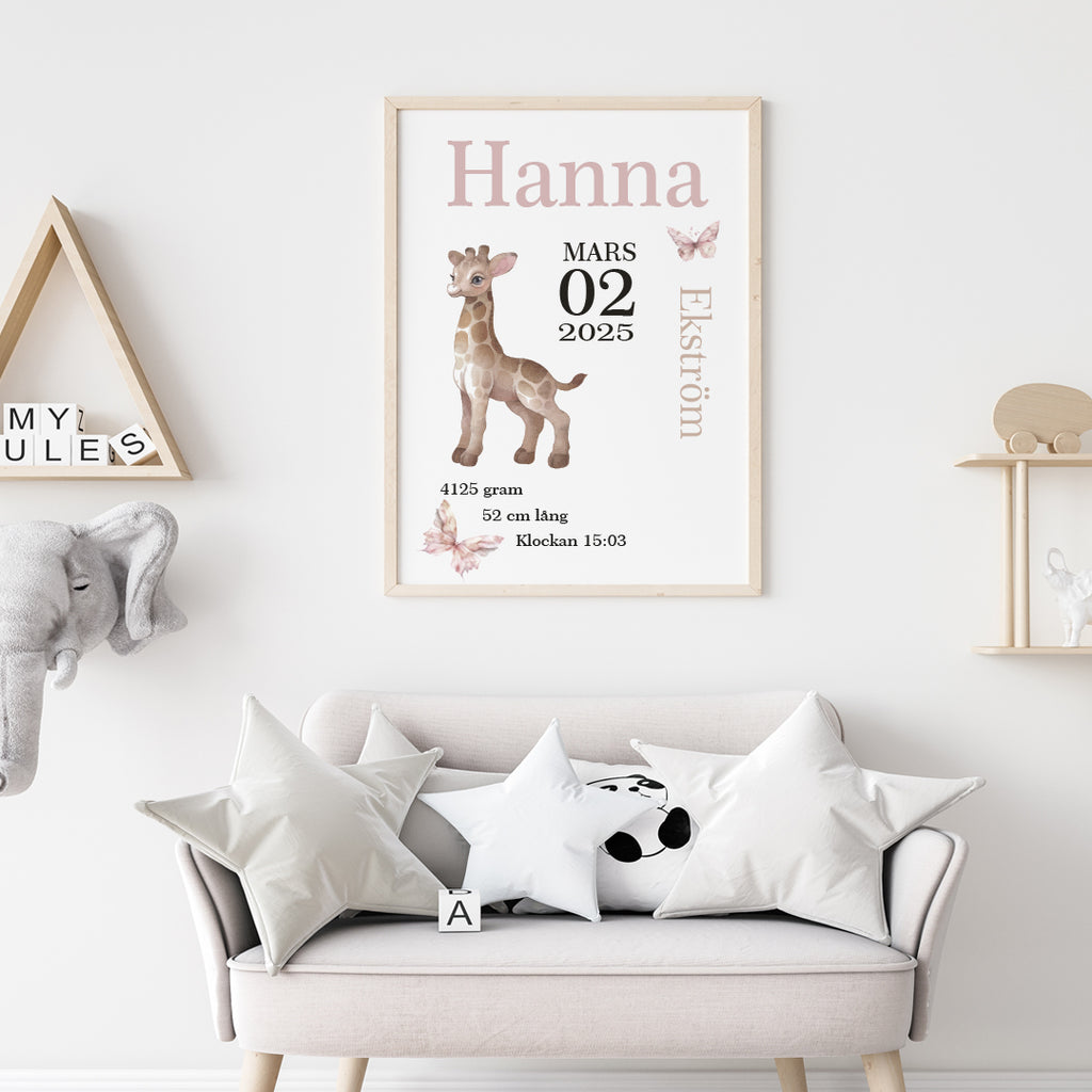 Namntavla Giraff rosa