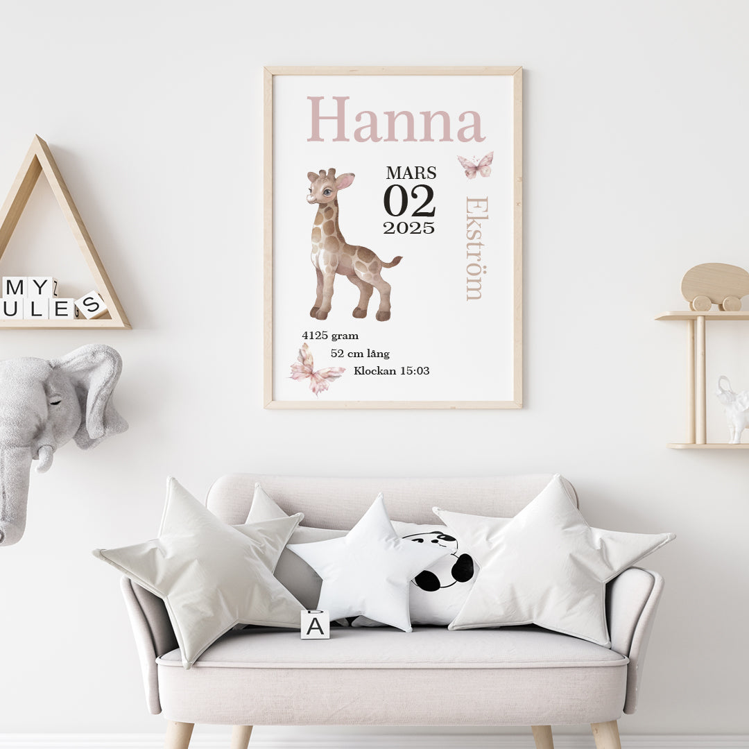 Namntavla Giraff rosa