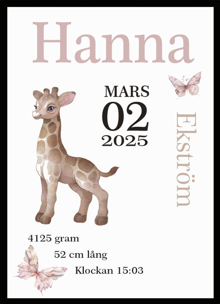 Namntavla Giraff rosa