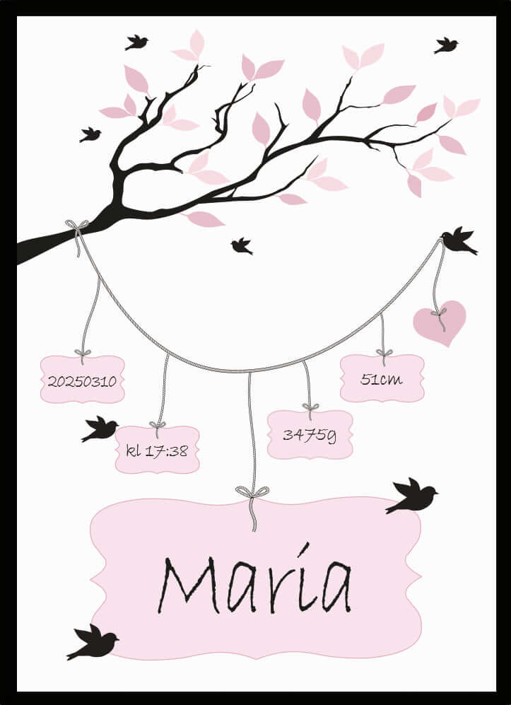 Namntavla Gren & fåglar rosa - Dekortorget