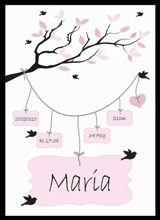 Namntavla Gren & fåglar rosa - Dekortorget