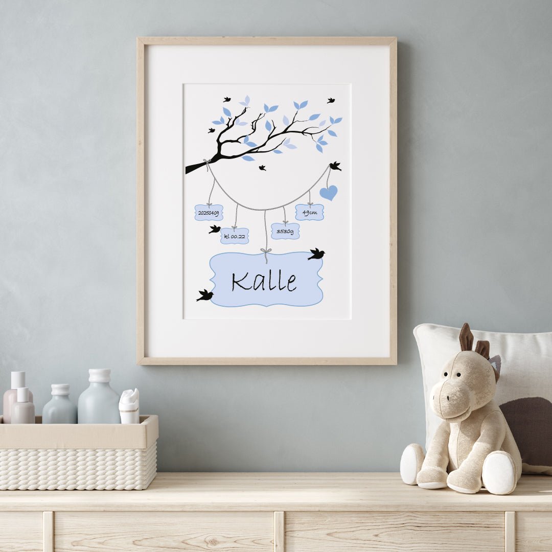 Namntavla Gren & fåglar blå - Dekortorget