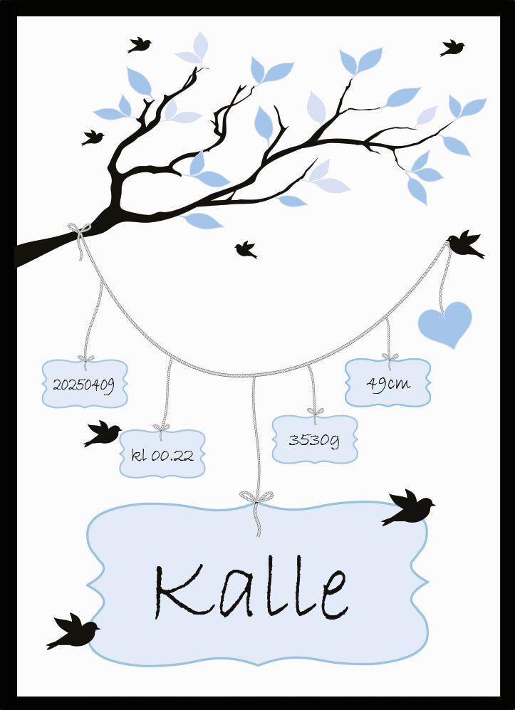 Namntavla Gren & fåglar blå - Dekortorget