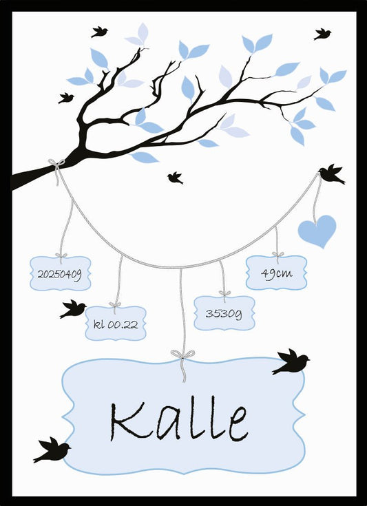 Namntavla Gren & fåglar blå - Dekortorget