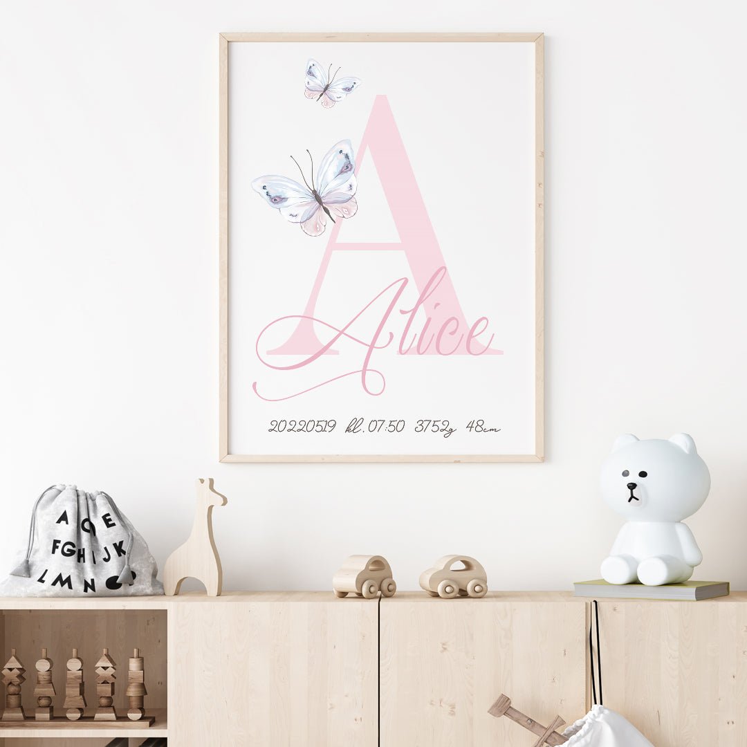 Namntavla Fjärilar och bokstav rosa - Dekortorget
