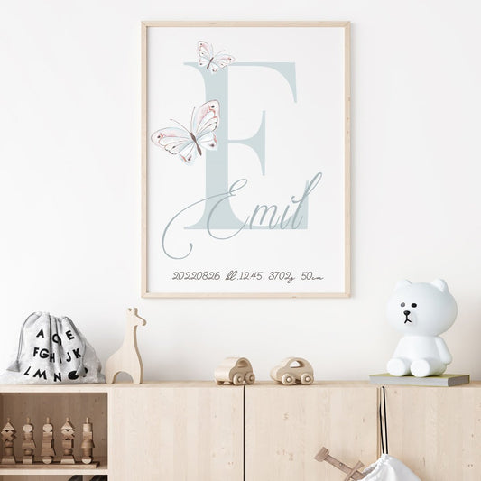Namntavla Fjärilar och bokstav blå - Dekortorget