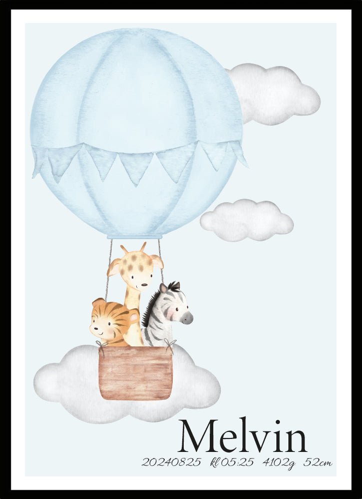 Namntavla Luftballong och djur blå - Dekortorget