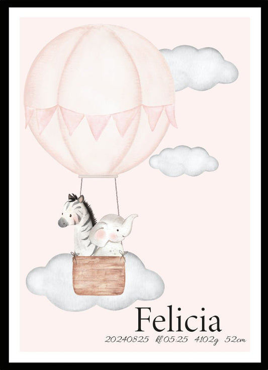 Namntavla Luftballong och djur rosa - Dekortorget