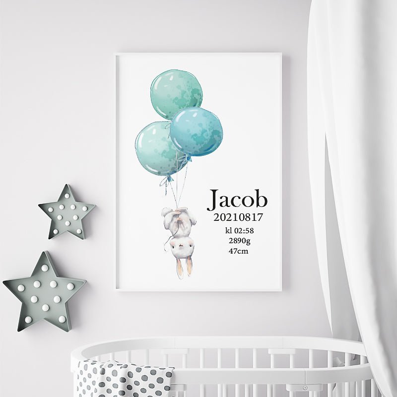 Namntavla Kanin med ballonger turkos - Dekortorget