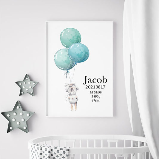 Namntavla Kanin med ballonger turkos - Dekortorget