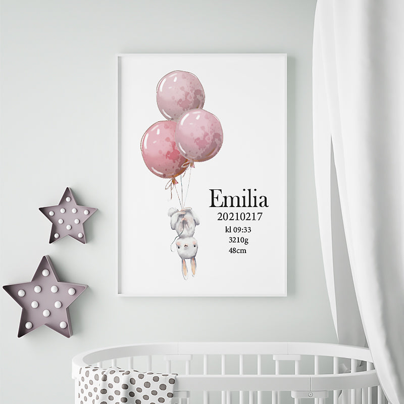 Namntavla Kanin med ballonger rosa