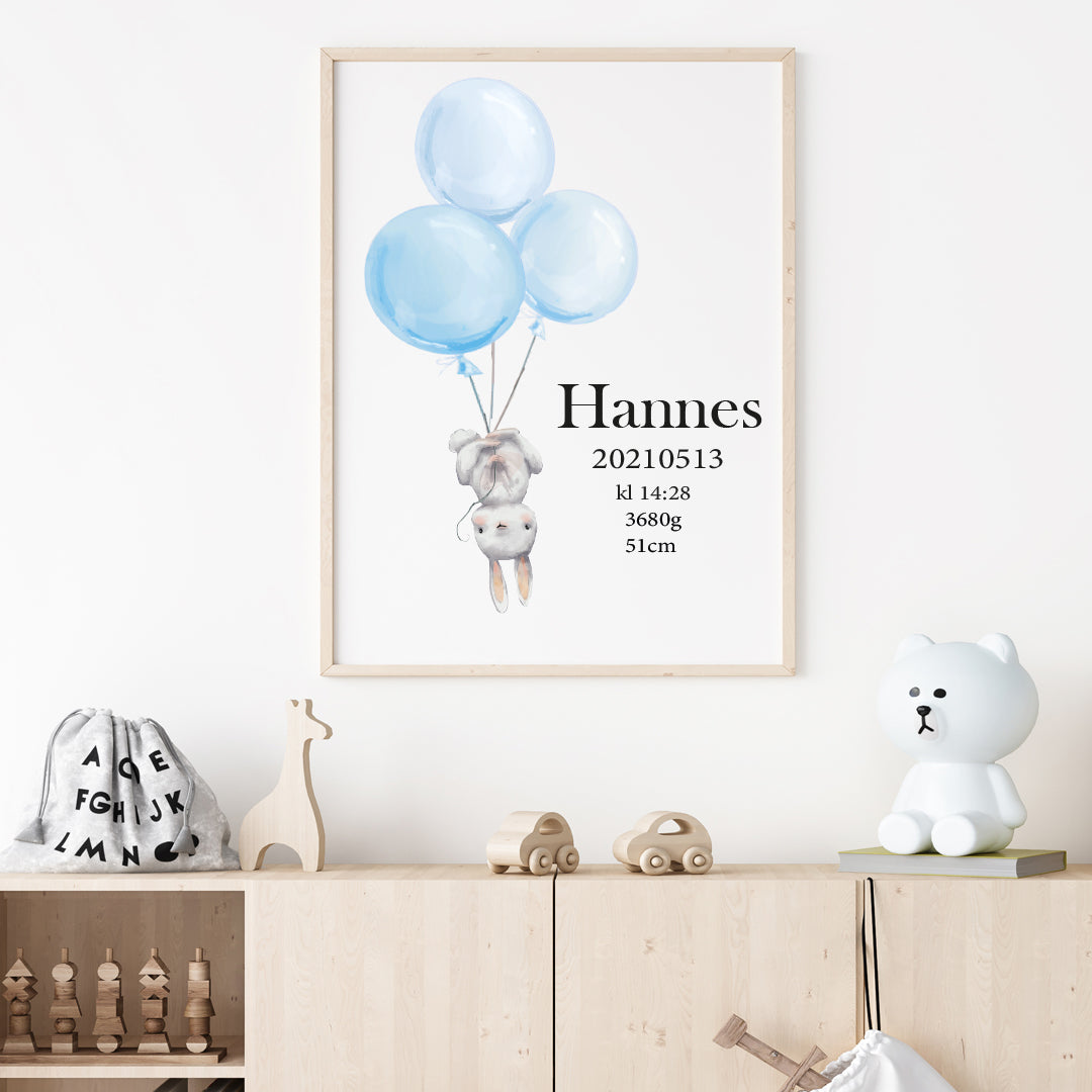 Namntavla Kanin med ballonger blå