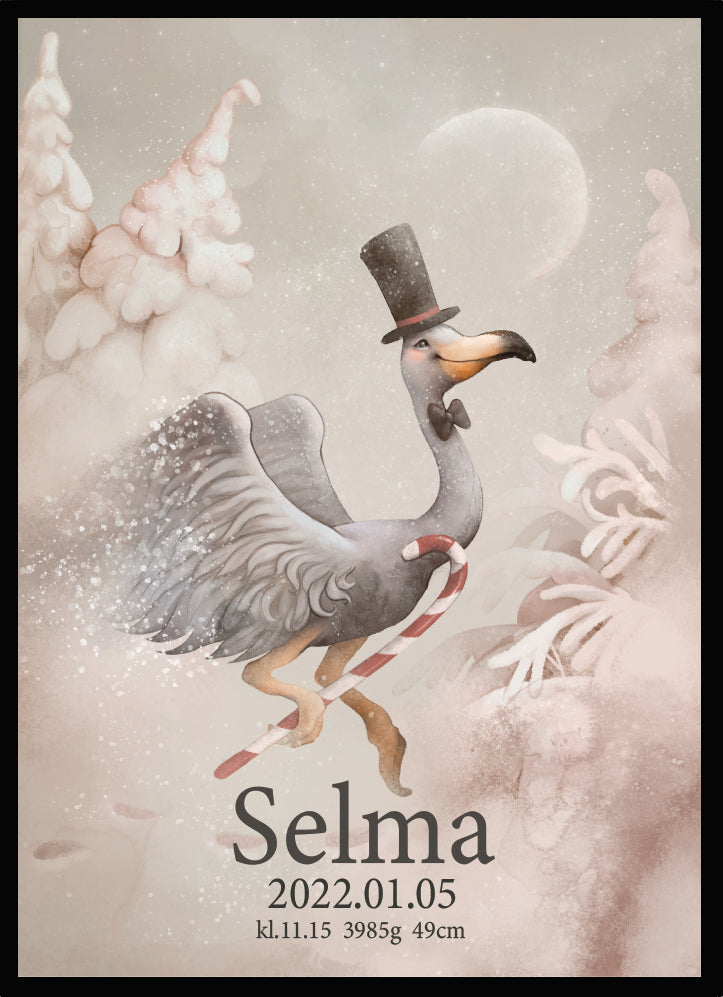 Namntavla Flying among trees featuring a stork in a top hat flying over a winter landscape with child's name and details.