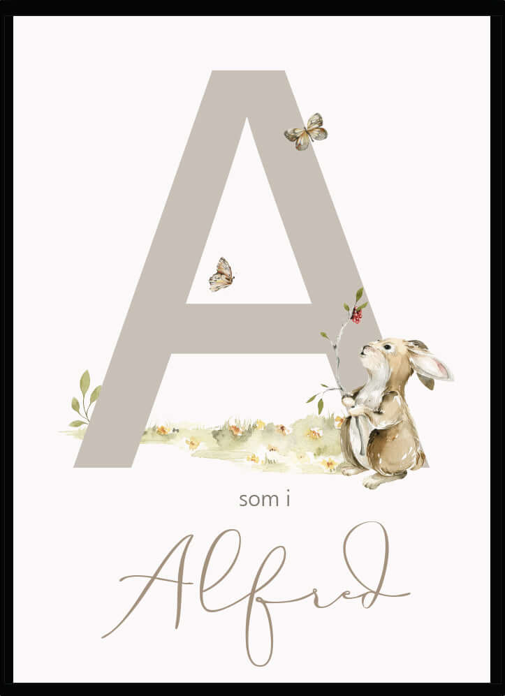 Namntavla Bokstav beige med kanin - Dekortorget