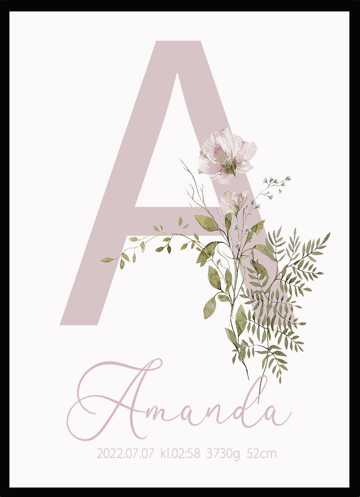 Namntavla Bokstav med blommor rosa - Dekortorget